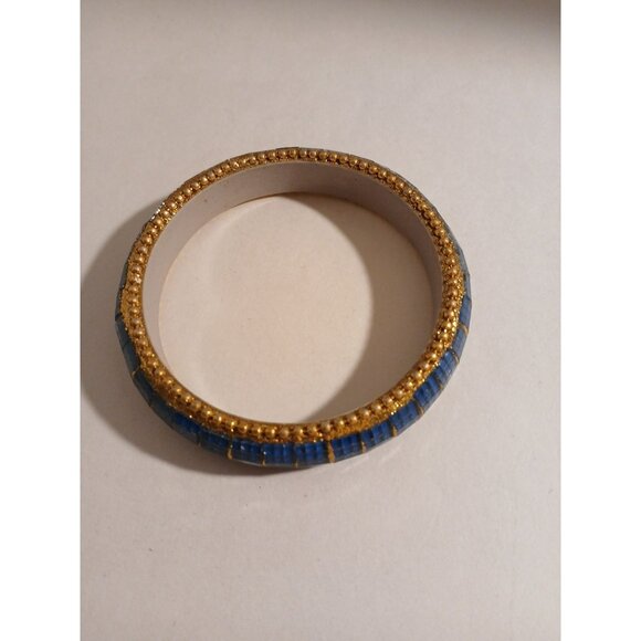 Blue Mosaic Bangle Bracelet Boho Gold Tone Glittery Textured 8 Inch - Picture 1 of 7